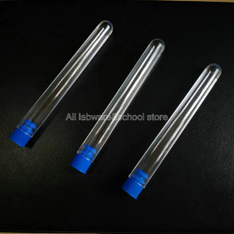 

100pcs lab clear 12*100mm PS plastic round bottom test tube with blue color screw plug cap