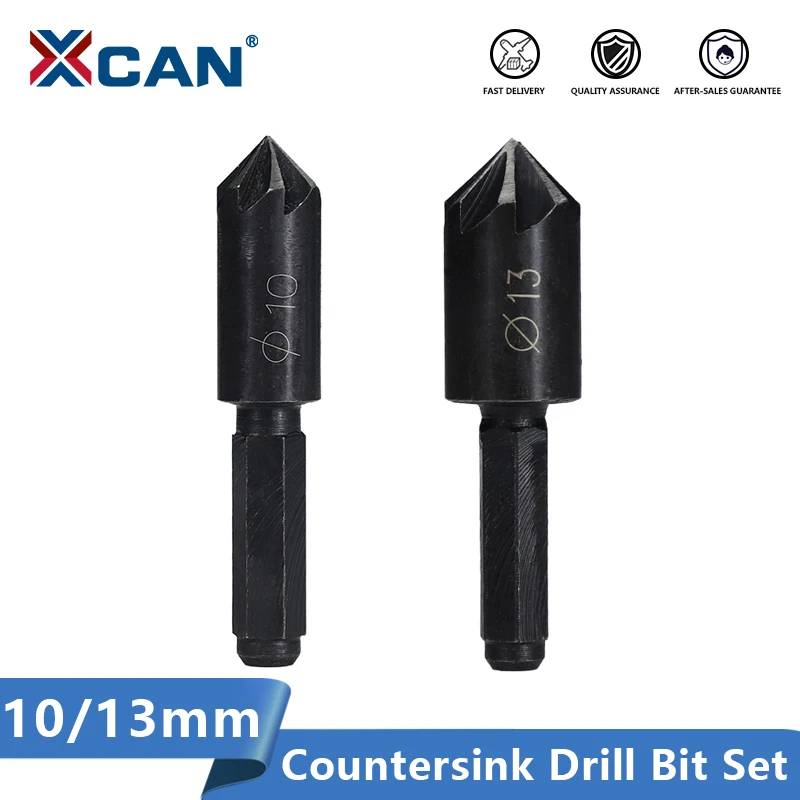 XCAN Chamfering Drill 2pcs 10/13mm 7 Flute Countersink Drill Bit 1/4'' Hex Shank Carbon Steel Wood Metal Hole Cutter Drill