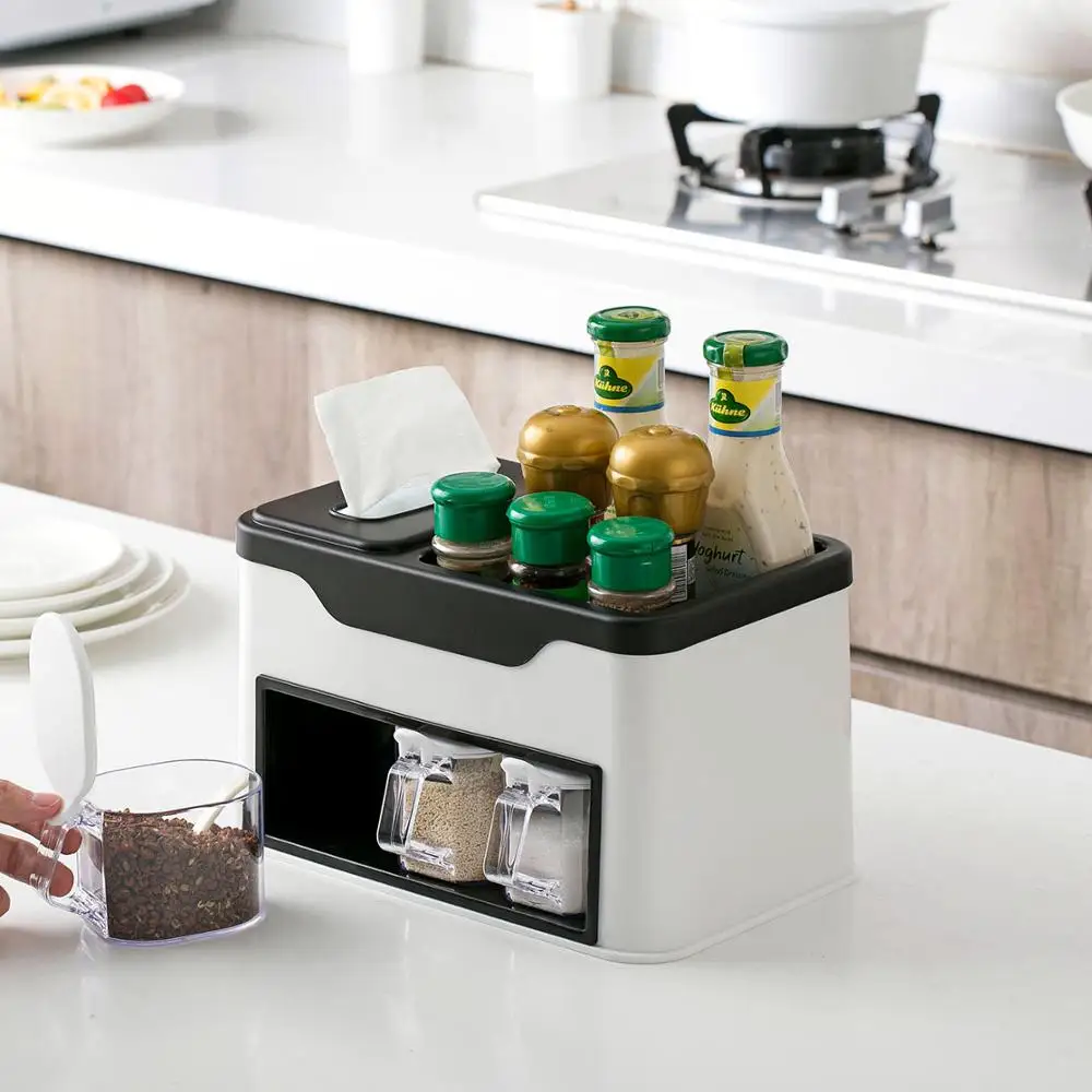 Пластиковая кухонная стойка для приправ, многофункциональная коробка для салфеток, кухонный органайзер, банка для специй с ложками