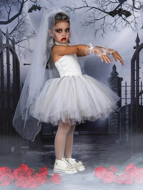 Girls White Ghost Bride Costume Kid Halloween Evil Corpse Bride