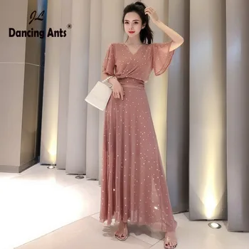 

Women A-line Dress V-Neck Flare Sleeve Sequins Ankle Length Slim Dress Trend 2020 Summer New Female Elegant Dresses Two Piece