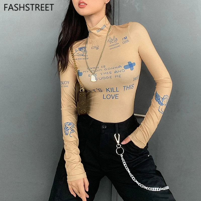 

FASHSTREET Turtleneck Letter Printing Bodysuits Sexy Outfits For Woman Autumn Long Sleeve Fitness Sproty High Waist Romper Body