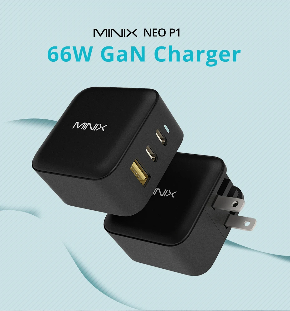  MINIX 66W Turbo 3-Port GaN Wall Charger 2 x USB-C Fast Charging  Adapter, 1 x USB-A Quick Charge 3.0, Compatible with MacBook Pro Air, iPad  Pro, iPhone 12/12 mini/11, Galaxy S9