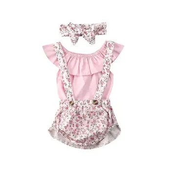 

Toddler Infant Newborn Baby Girls Clothes Set Summer Pink Ruffle Sleeveless Tops Strap Floral Shorts Headband Outfits 3Pcs