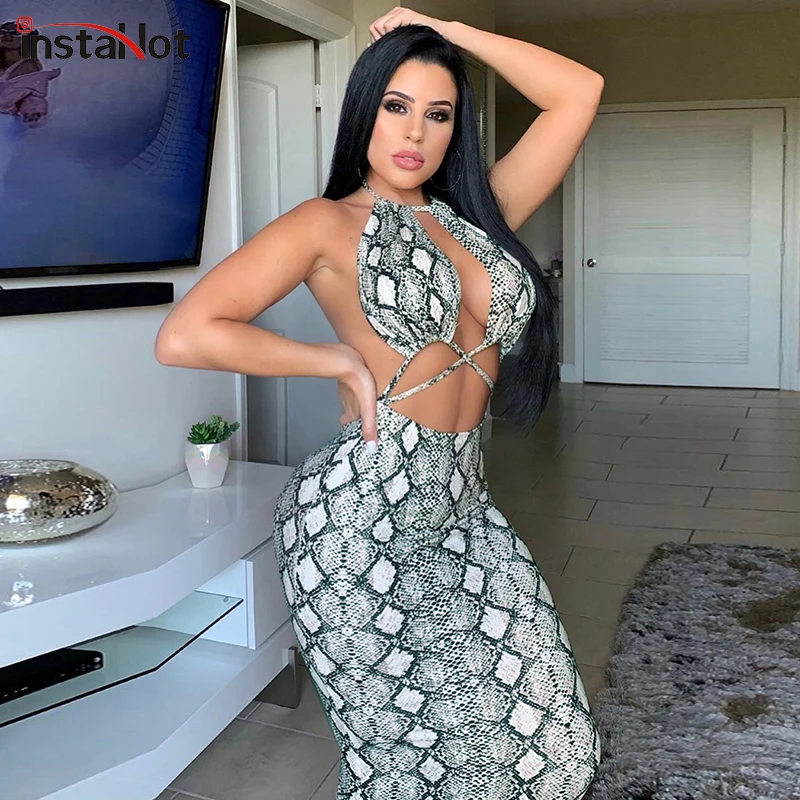 

InstaHot serpentime Spaghetti Strap Maxi Dress Women Sexy Hollow Out Backless Lace Up Sanke Printed Halter Summer Party Dress