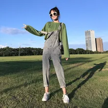 Джинсы женские Ins осень зима карманы Корейская версия свободные Харун сетка красный пояс Брюки Ковбой Высокая талия комбинезон