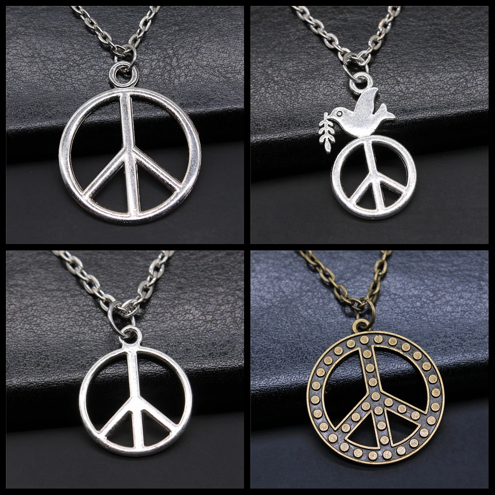 Vintage Color de plata antiguo Color de bronce antiguo colgante con el signo de la paz, collar símbolo de la paz, collar de joyas de amor, paz joyería
