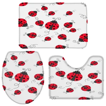 

3 Pieces Bathroom Set Red Ladybug Bath Set Toilet Cover Mat Pedestal Rug Non-Slip Bathroom Rug Set