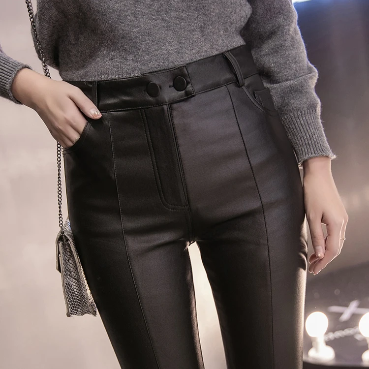 

Women Thin Velvet PU Leather Pants 2019 New Female Elastic Stretch Faux Leather Skinny Pencil Pant Tight Trouser Autumn Winter