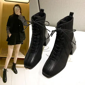 

2020 Winter Women's Shoes New Korean-Style All-match Killer Booties Chelsea Net Red Thin Boots Elastic Cloth High Heel Boots