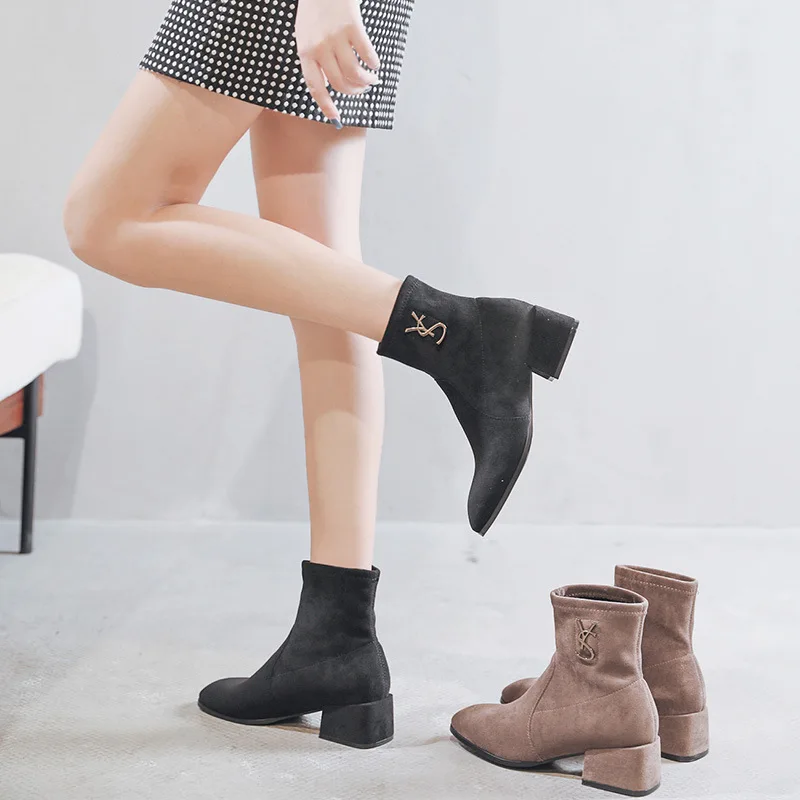 

Red Man Chunky-Heel Short Boots Women's Autumn & Winter Semi-high Heeled INS Online Celebrity Thin Boots Women's 2019 New Style