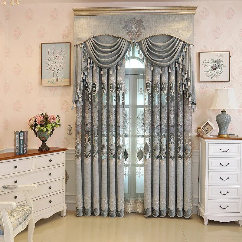 

European Embroidery Gray Hollow Out Curtains for Living Dining Room Bedroom.