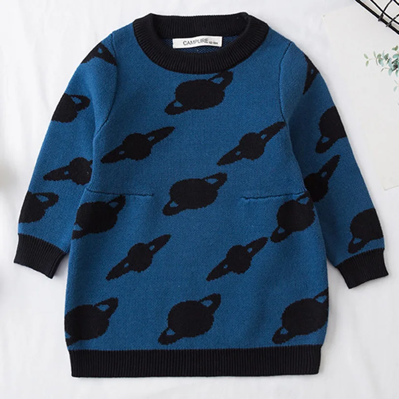 

Planet Pattern Girls Princess Dress Winter Kids Girl Party Dress Long Sleeve Knitted Pullover Dresses Cute Children Knitwear
