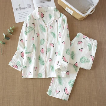 

KISBINI Autumn Women Pajamas Set Button Long Sleeve Pure Cotton Lady Nightwear Leaf Watermelon Print Spring Female Sleepwear