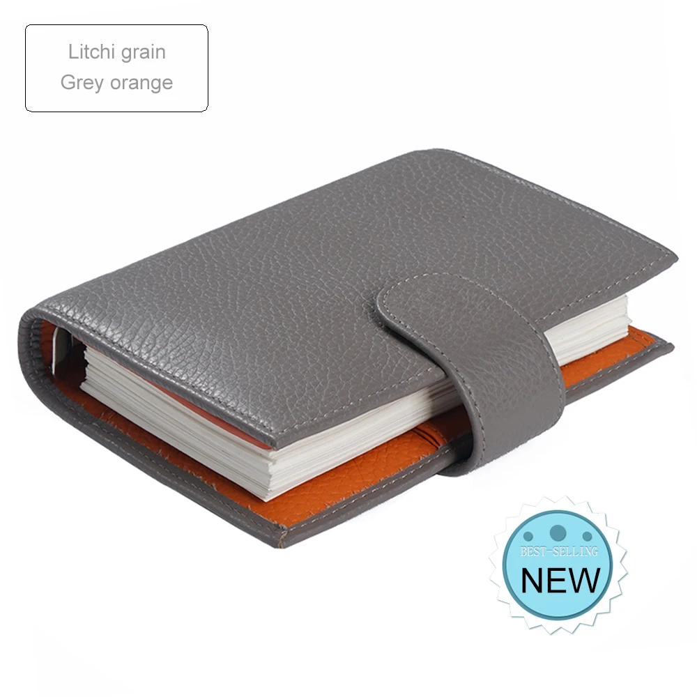 Litchi Grey Orange Кольца из натуральной кожи, записная книжка, размер А7, медный Биндер, Мини органайзер, дневник из воловьей кожи, дневник, блокнот для зарисовок, планировщик, большой карман - Цвет: Litchi Grey Orange