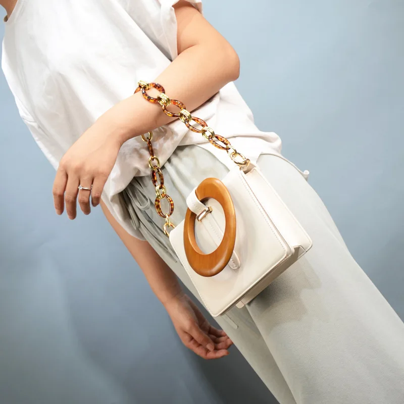 Женская кожаная сумка в стиле ретро с кольцом, акриловый зажим на цепочке, дизайнерские сумки через плечо, вечерняя сумочка-клатч, женские сумки