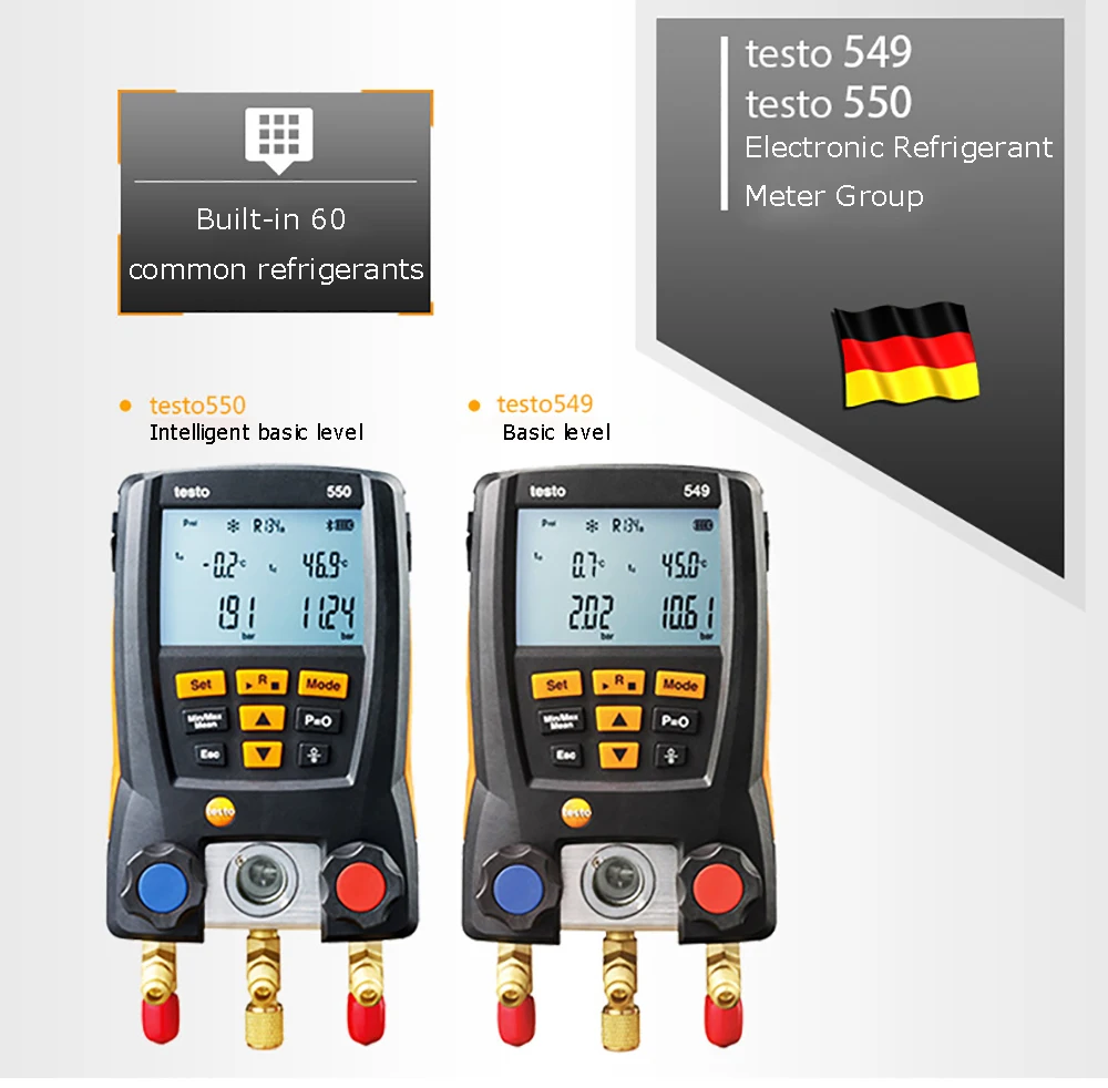 NEW Testo 550 Digital Manifold Gauge with 2pcs Clamp,2 Valves,System for HVAC 0563 1550 Built-in 60 common refrigerants