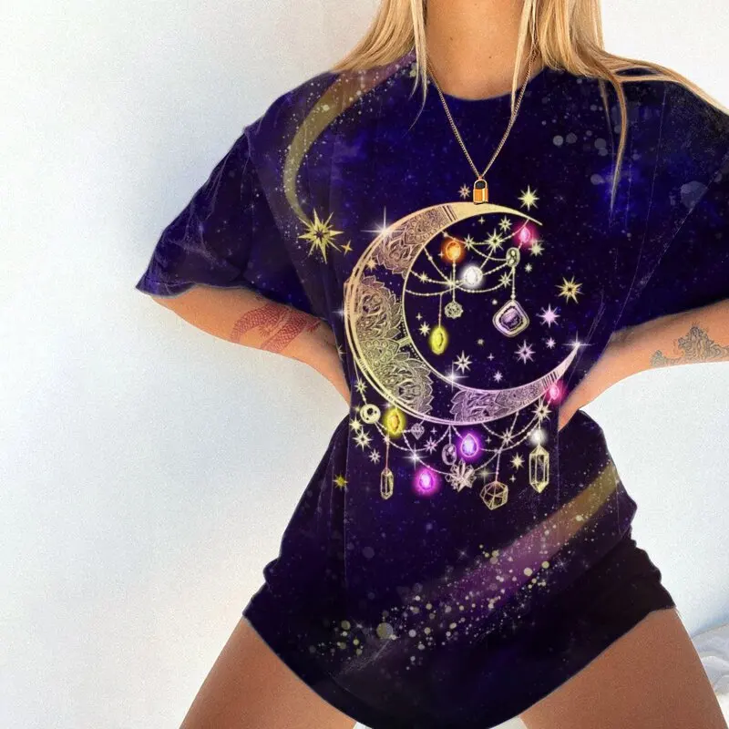 Capricorn Star Sky Print T-shirts Woman Summer Casual Loose Graphic Gothic Letter Short Sleeve O Neck Y2k Harajuku Shirt Tee Top t shirt oversize Tees