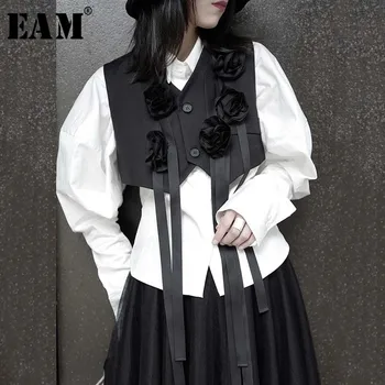 

[EAM] Women Loose Fit Black Three-dimensional Flower Ribbon Vest New V-collar Sleeveless Fashion Tide Spring Autumn 2020 1W317