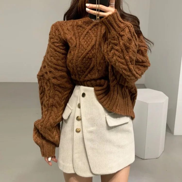 

2019 Winter South Korea CHIC Versatile High Collar Linen Flower Color Loose-Fit Industrial Pullover Sweater + Retro High Waist S