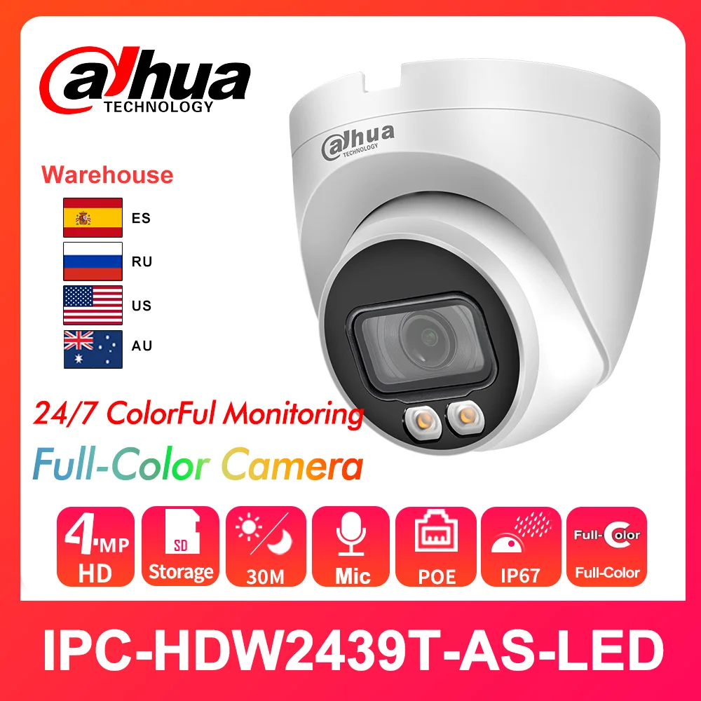 Dahua Original IP camera 4MP Ful-Color IPC-HDW2439T-AS-LED-S2 POE Built-in Mic SD card IP67 IVS IPC H.265 ColorVu Night Vision