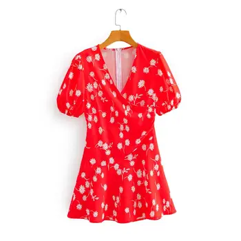 

2020 women elegant cross v neck lantern sleeve floral print red slim dress ladies chic country style casual mini vestidos DS3600