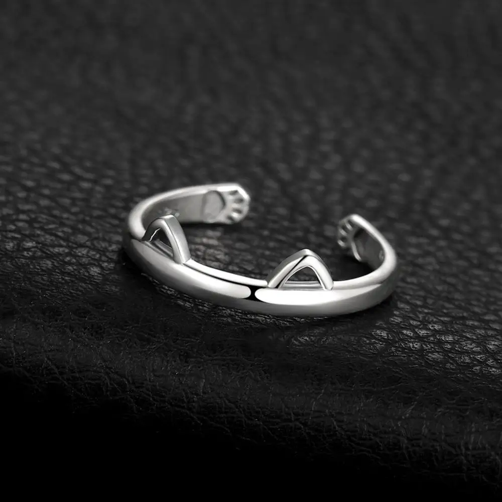 925 Sterling Silver Cat Ring Ear Paw Open Adjustable Cuff Band Rings for Women