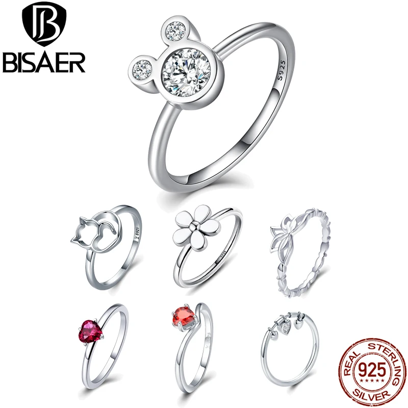 BISAER 925 пробы серебряные кольца ослепительный мультфильм Мики мышь кошка цветок Сердце кольца для женщин модные ювелирные изделия HSR032