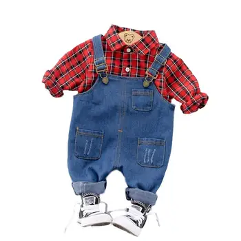 

Boys Casual Suits Lapel Plaid Shirt+Suspenders Jeans Stylish Children Outfits Children Kids Boy Shirt Set