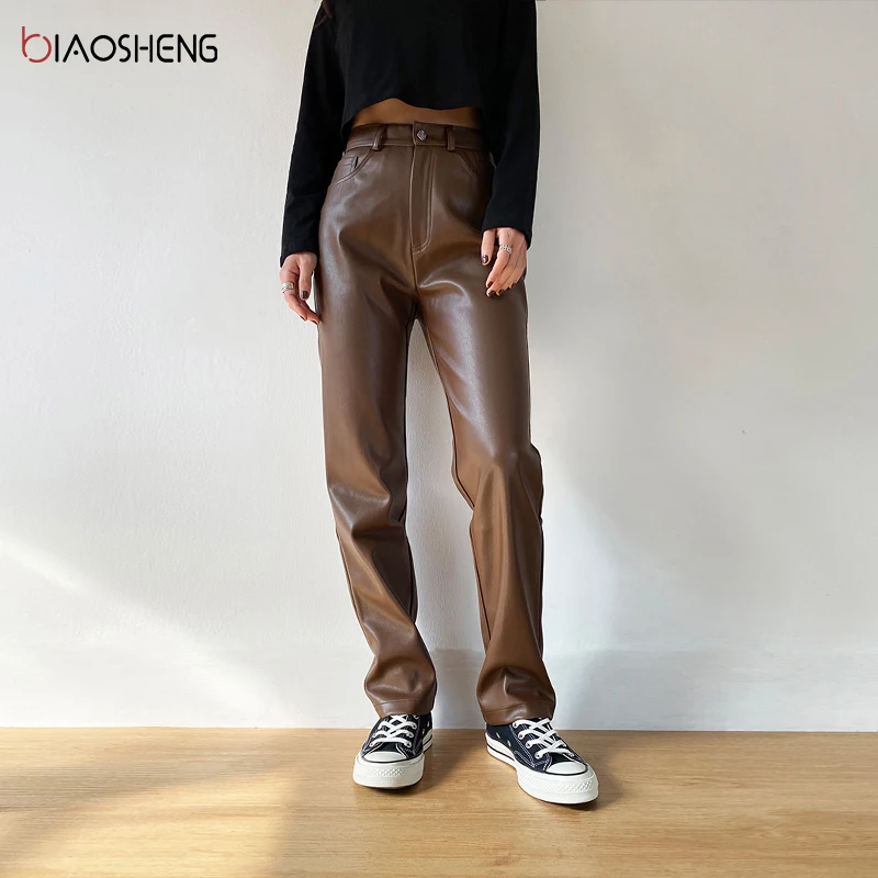 Faux PU Leather Pants For Women Trouser High Waist Straight Leg Pants Fashion Brown Casual Vintage Leisure Pants Streetwear 2