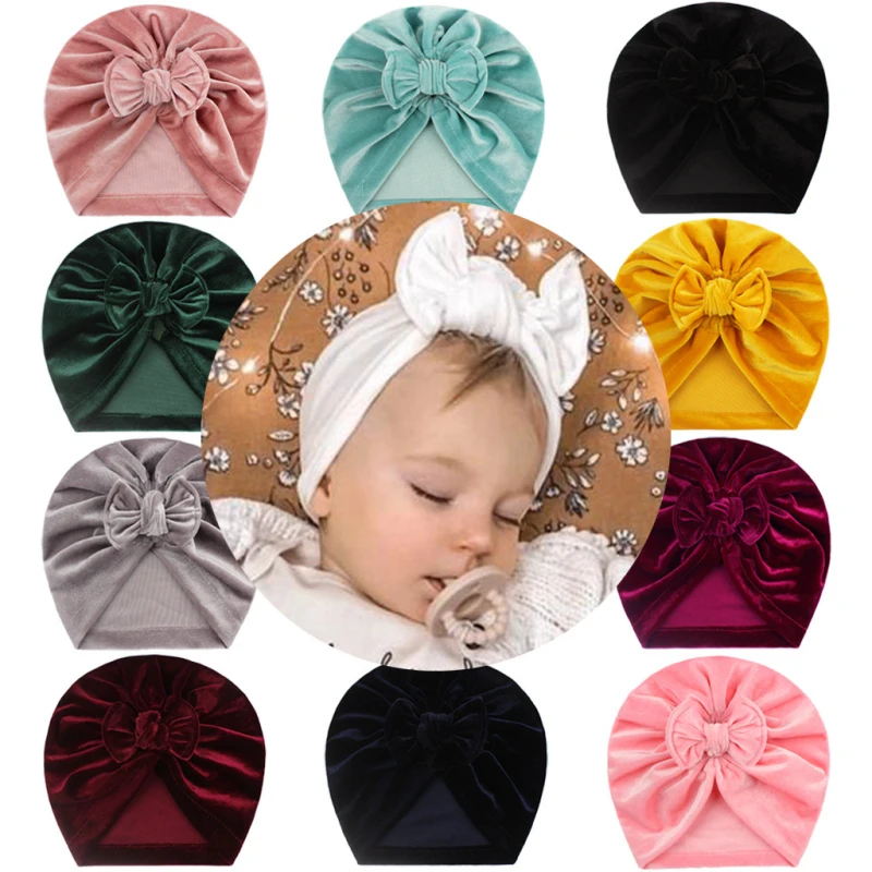 Solid Baby Cotton Beanies Cute Bear Ear Bowknot Turban Hats Sweet Soft 0-4T Elastic Caps For Newborn Baby Boy Girls Headwraps