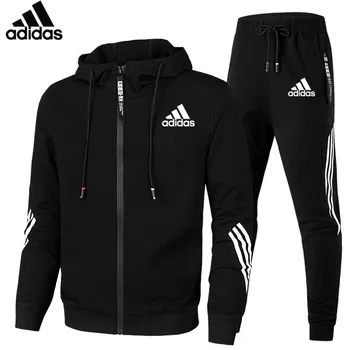 Adidas de los hombres de la marca de moda conjunto Casual Sportsuit de los hombres sudaderas/sudaderas ropa deportiva cremallera abrigo + pantalón chándal para hombre de marca de ropa