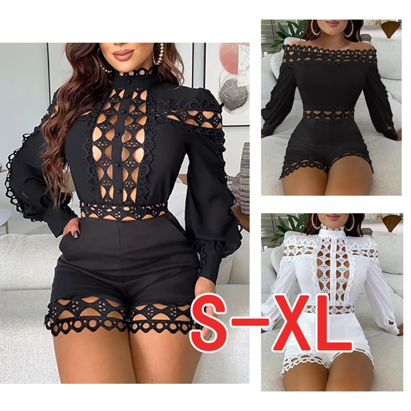 

Sexy women's jumpsuit with thin shoulder straps halter top shorts lace jumpsuit high stretch tights floral pattern bodysuit