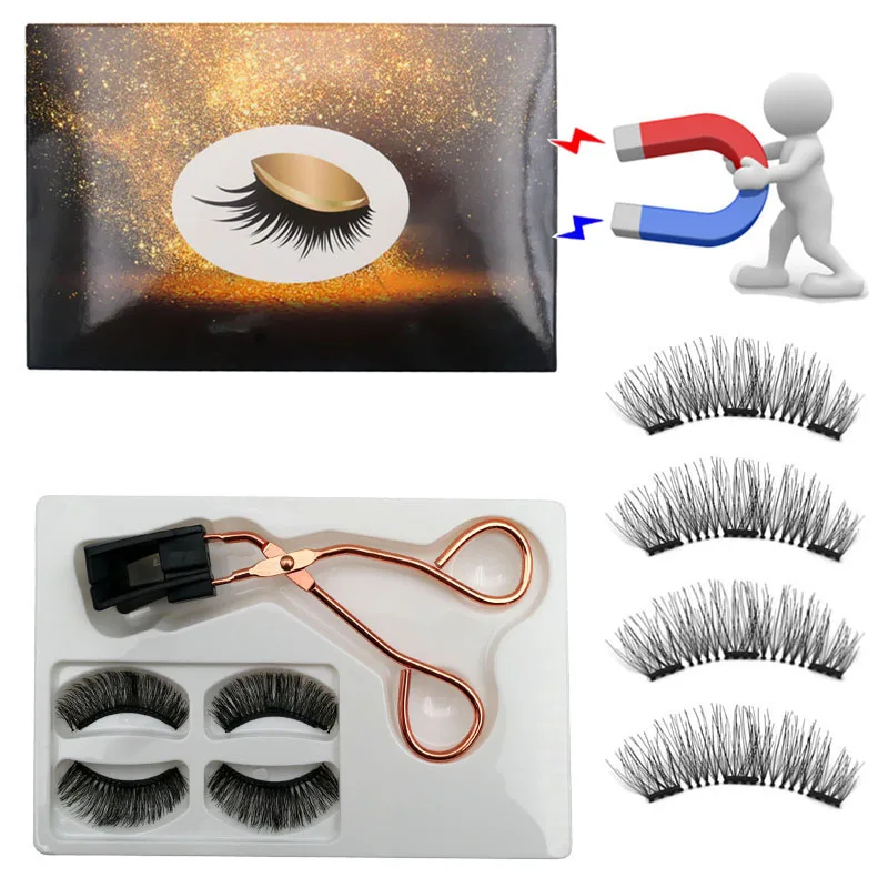 3D Natural Magnetic Eyelashes 2 Pairs 8PCS Handmade Reusable 3 Magnets