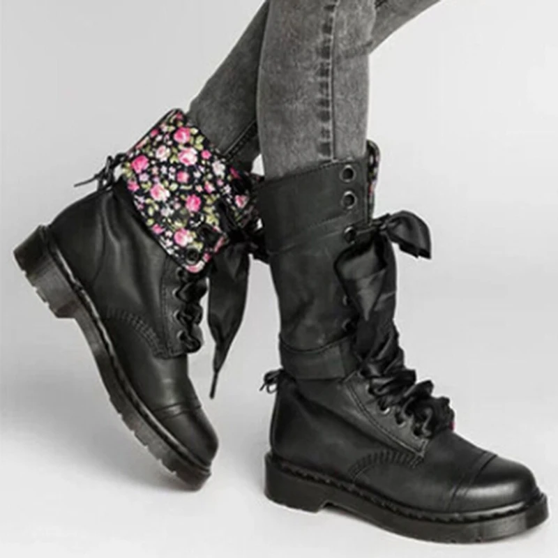 Кожаные сапоги; женские высокие сапоги; осенне-зимние ботинки на шнуровке; большие размеры 36-43; Zapatos De Mujer - Цвет: Black