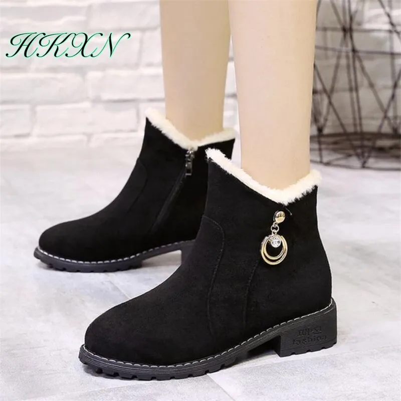 

HKXN 2019 Women Winter Boots Fashion Side zipper Suede Ankle Snow Boots Female Comfortable Warm Fur Plush Insole Women's boots