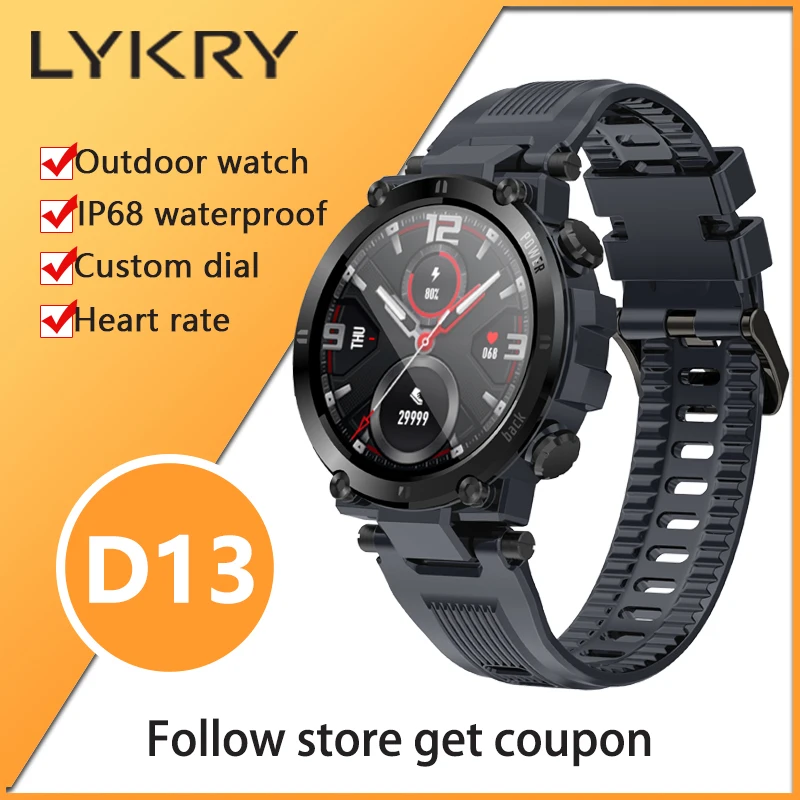 LYKRY 2021 D13 Смарт-часы для мужчин 1 3 дюймовый круглый Экран IP68 Водонепроницаемый