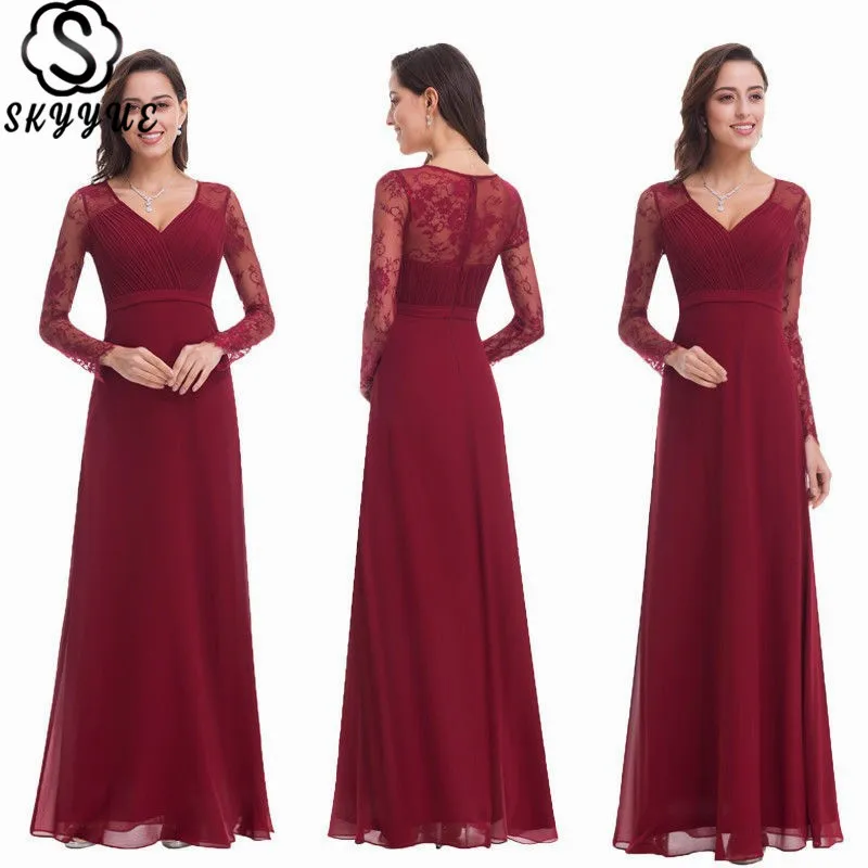 Skyyue платье подружки невесты с длинным рукавом Плюс Размер Vestido Madrinha Кружева v-образным вырезом плиссированные элегантные длинные женские вечерние платья для девочек C513
