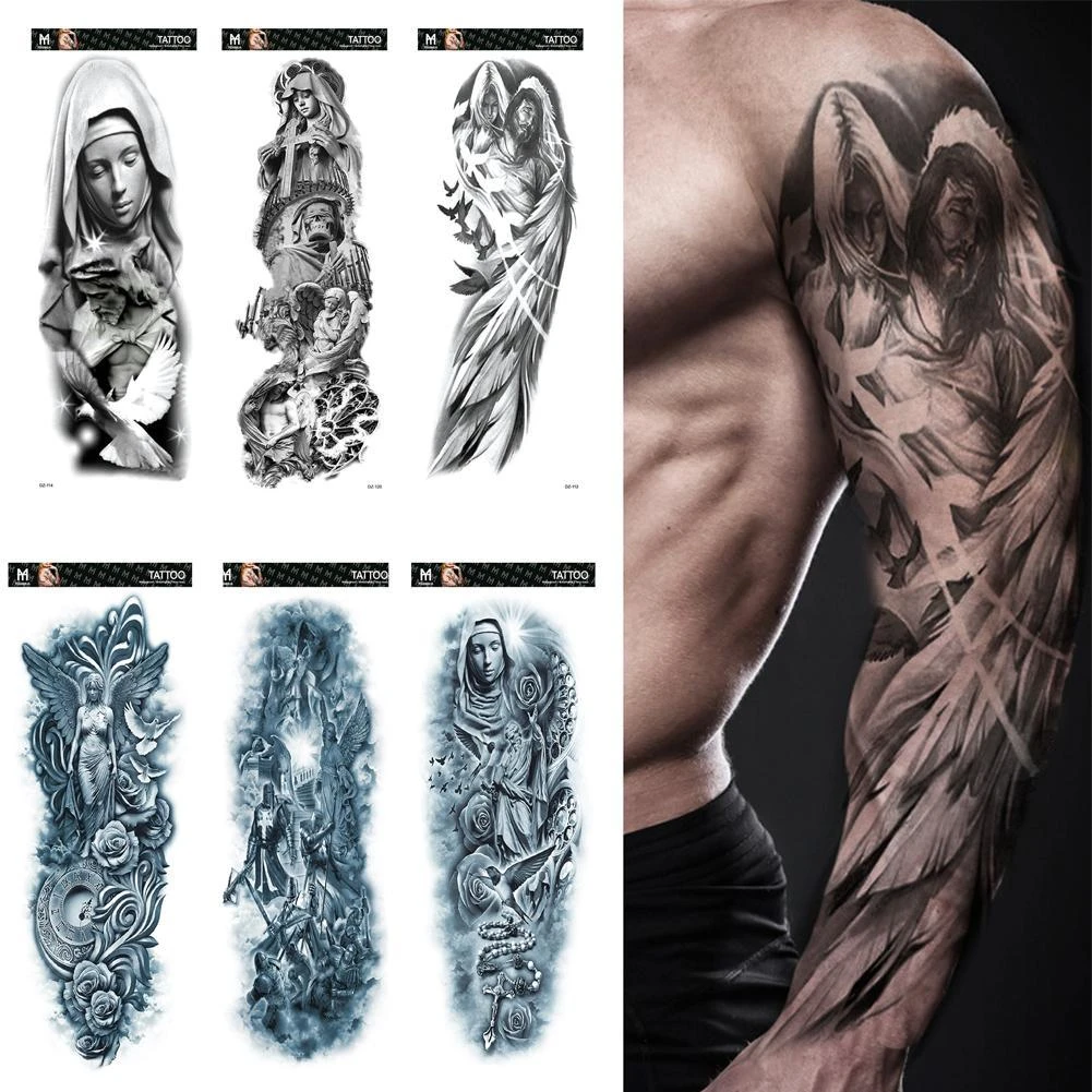 Waterproof Temporary Tattoo Sticker Men Full Arm Tattoo Tiger Lion Crown Jesus Fake Tattoos Punk Rock Hip Hop Tattoo Sticker Temporary Tattoos Aliexpress