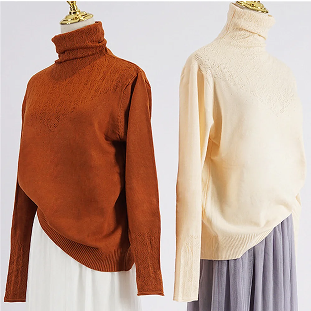 Модные женские свитера, Свободный вязаный свитер с воротником-хомутом и длинными рукавами, однотонный пуловер, женский свитер, Осенний Теплый Женский пуловер