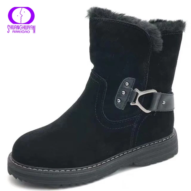 

AIMEIGAO Winter Non-slip Suede Warm Snow Boots Women Leather Waterproof Ankle Boots Heel Platform Black Winter Boots Women Shoes