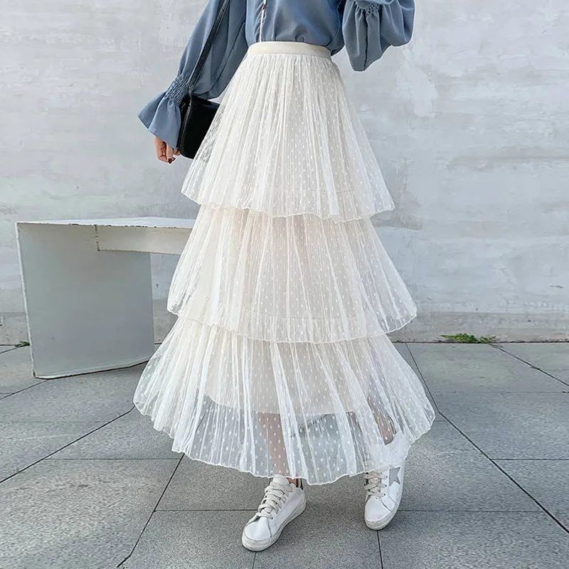 Черно-белая плиссированная юбка с оборками для женщин; модная юбка из тюля в горошек; Женская эластичная юбка с высокой талией; повседневные длинные юбки; Mujer