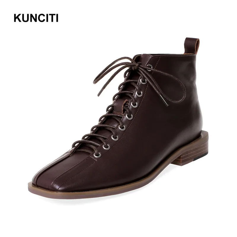 

2019 KUNCITI New Square Toe Vintage Shoes Lace Up Ankle Booties Ladies Genuine Leather Autumn Boots Low Heel Korean Shoes D998