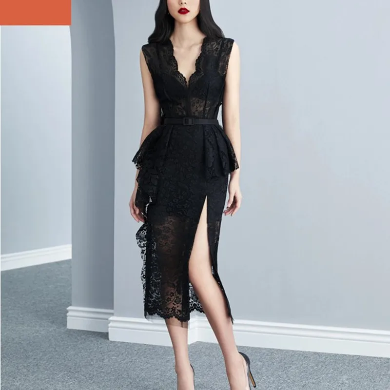 

ZAWFL 2020 Summer Robe Femme Korean Elegant Lace Cotton Maxi Dress Women Sleeveless V-Neck Embroidered Mermaid Long Party Dress