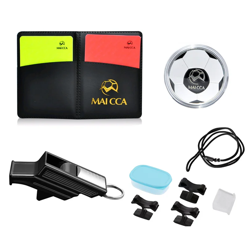 Silbato de árbitro de fútbol profesional, cartas rojas y amarillas con libro de lápiz, moneda, silbato de árbitro de fútbol, equipo de supervivencia al aire libre