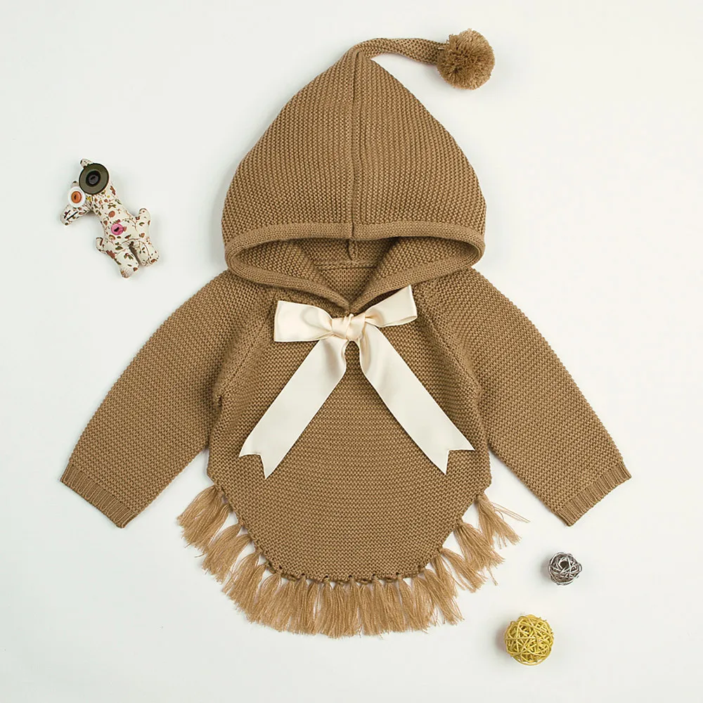 Вязаные свитера с капюшоном и бантом и кисточками для новорожденных мальчиков и девочек, зимняя одежда для маленьких девочек, enfant fille