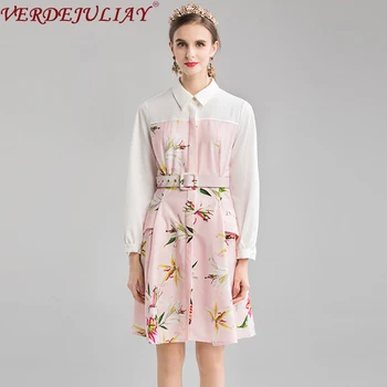 

VERDEJULIAY Luxury Shirt Dress Women 2020 Spring Fall New Fashion Office Ladies Long Lantern Sleeve Lily Flower Print Mini Dress