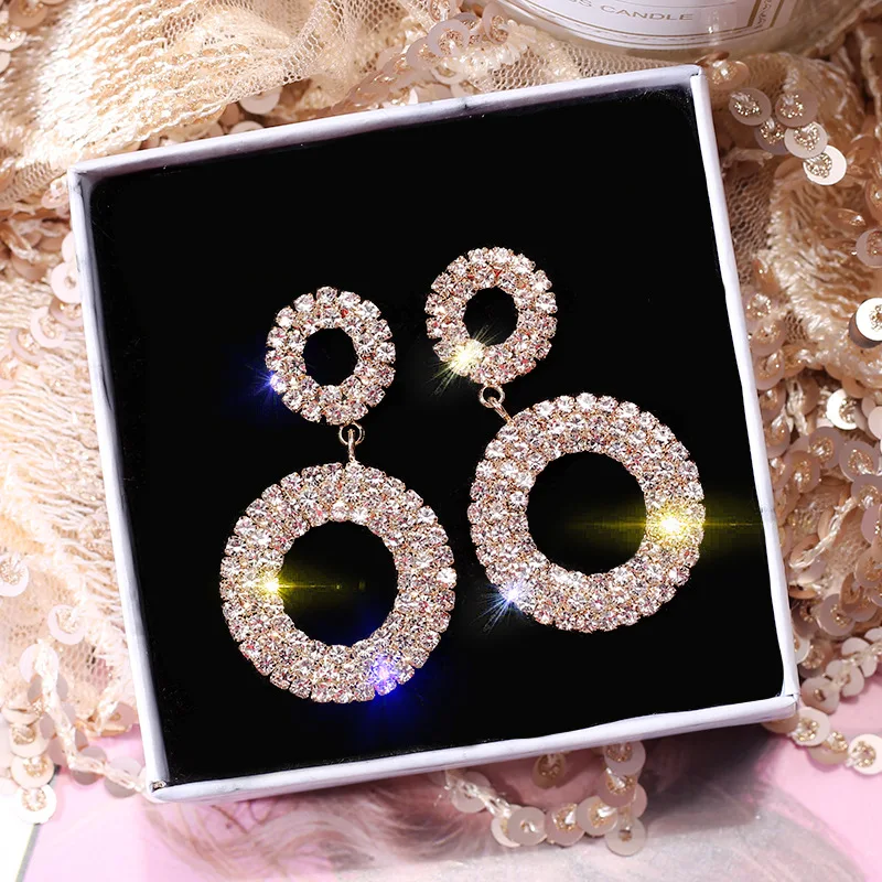 Neue Кристалл Ohrringe Luxus glyanzende Gold Silber Farbe Runde Strass Baumeln Ohrring feur Frauen Hochzeit Partei Schmuck