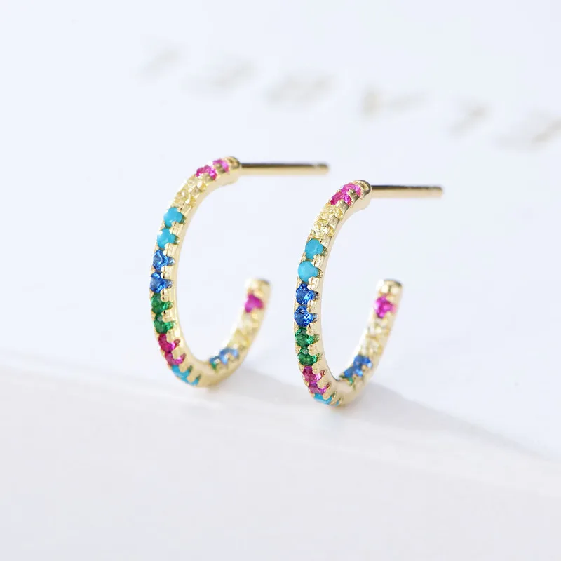 

Fine 925 steling silver inlay Gold colorful micro pave cz zircon C shape Stud earrings for women jewelry girl christmas gift