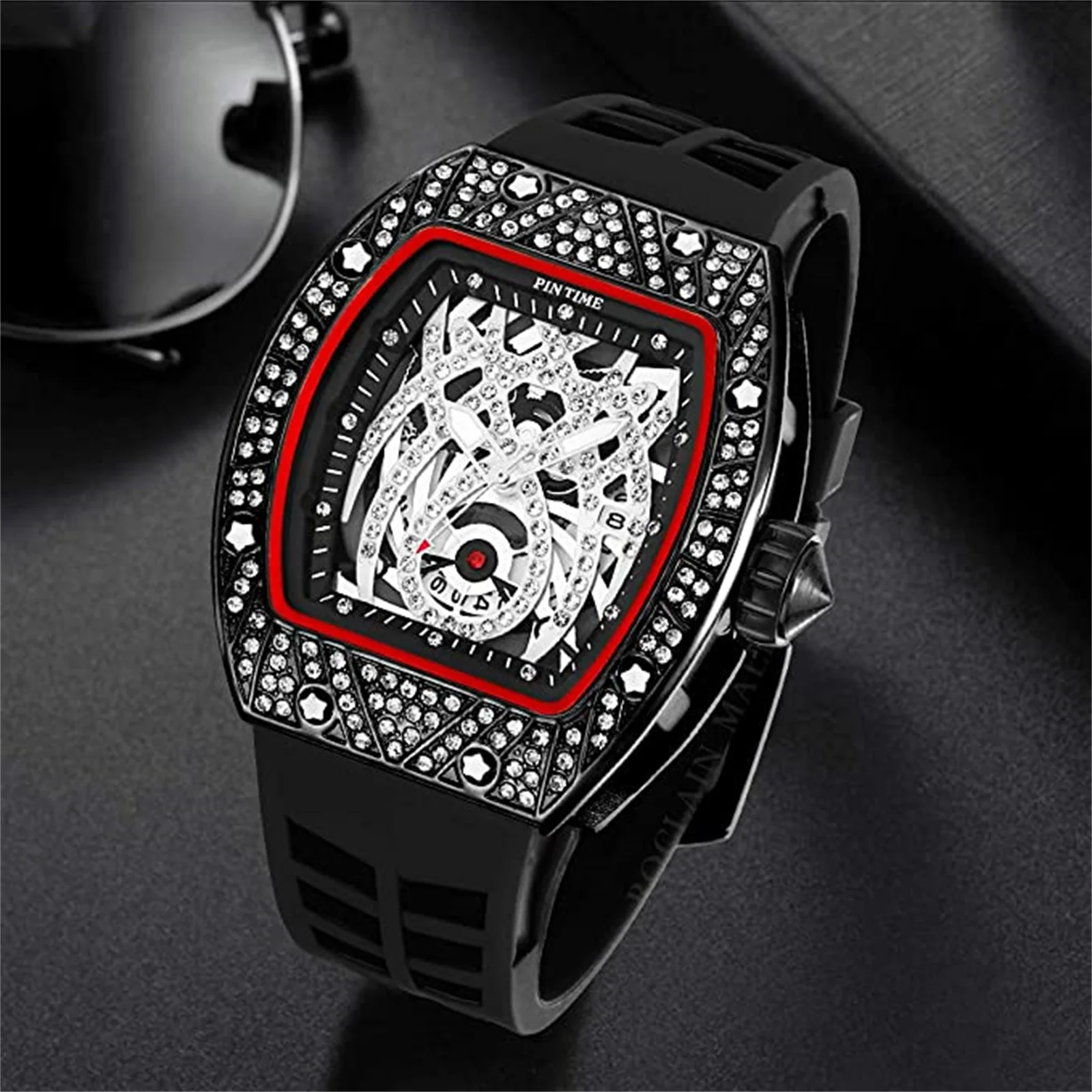 PINTIME Men Diamond Watch  Fashion Hip Hop Mens Watches Top Brand Luxury Military Gold Quartz Wristwatches Relogio Zegarek